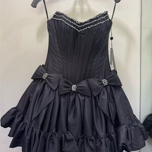 Sherri Hill Black Strapless Party Dress with Crystal-Trimmed Bows